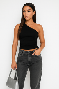 Sandrine One Shoulder Ruched Side Fitted Jersey Vest Top