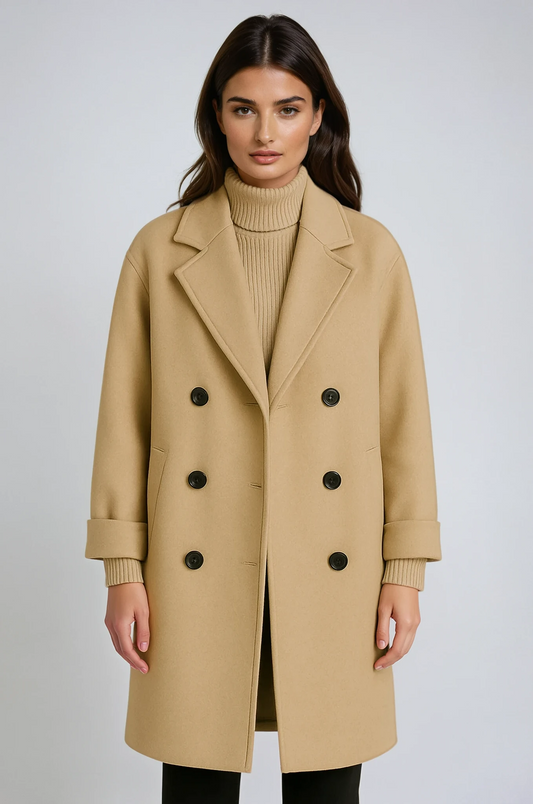 Mabel Turn Back Cuff Double Breasted Midi Length Coat - Beige