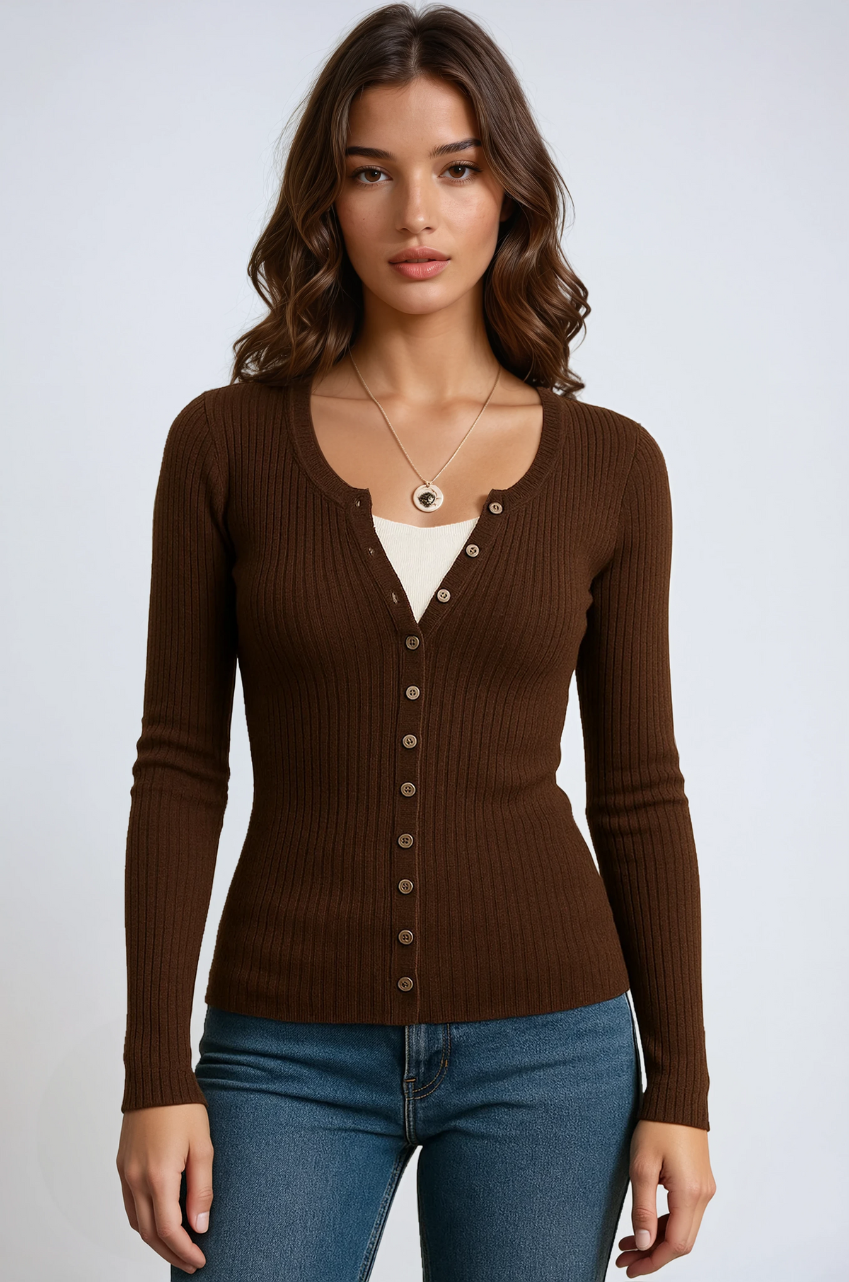 Severine Fine Rib Button Placket Scoop Neck Fitted Long Sleeve Top