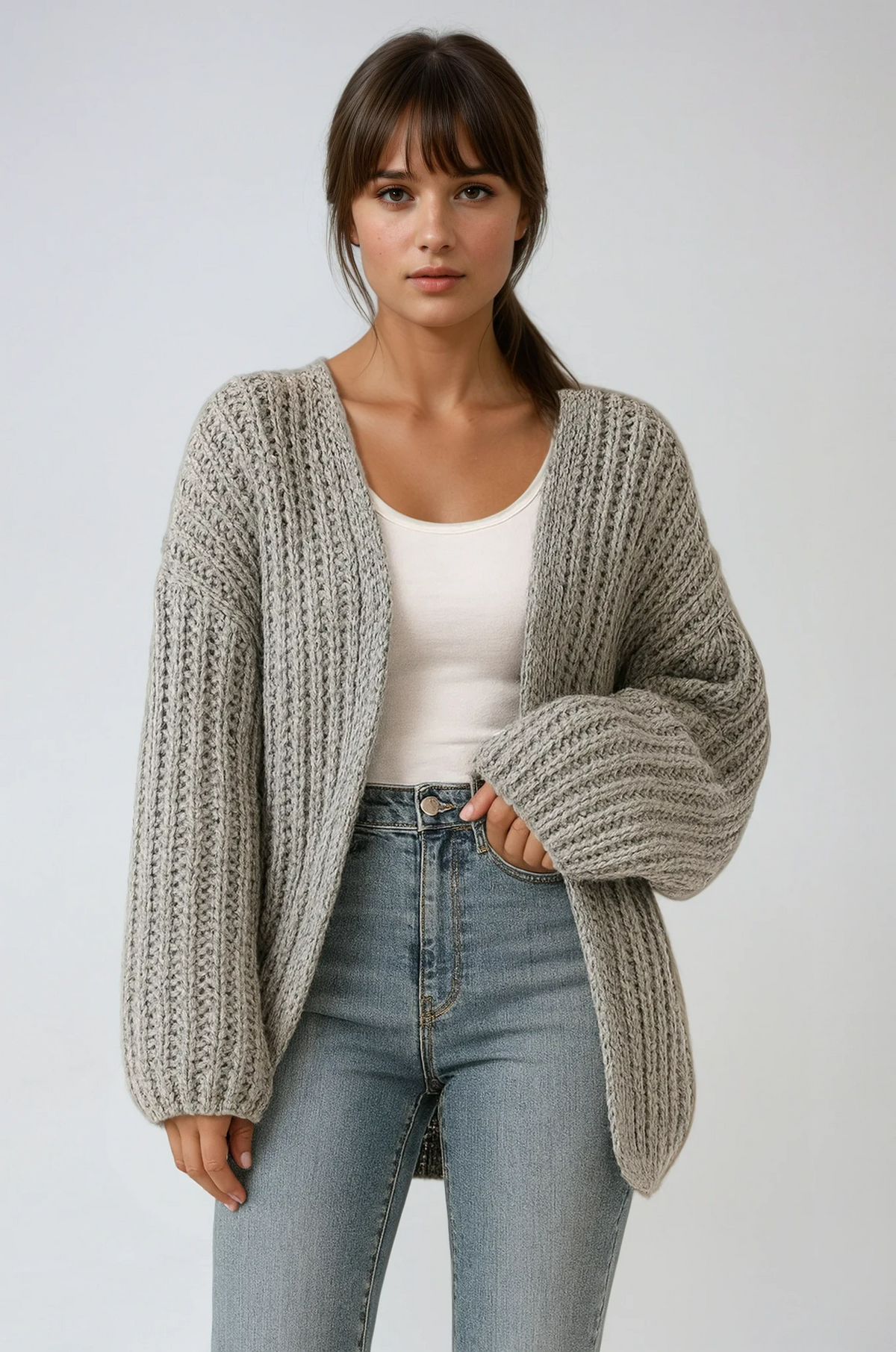Georgiana Chunky Rib Balloon Sleeve Oversized Open Cardigan