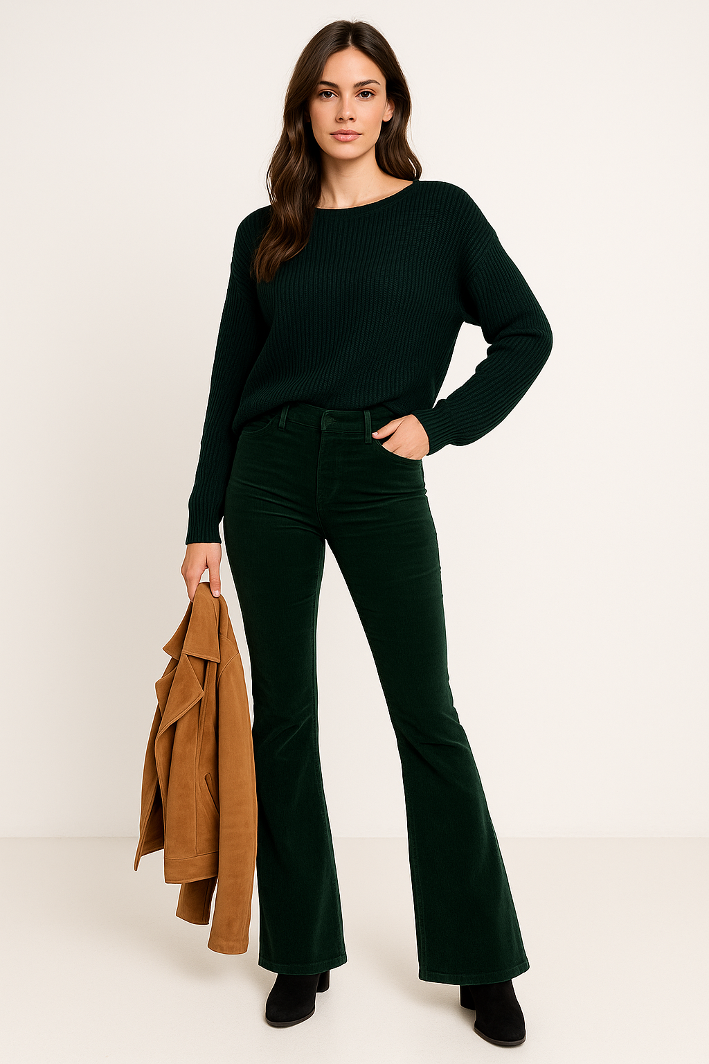 Nathalie Corduroy Rib High Waist Flared Stretch Trousers