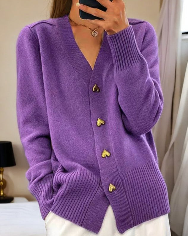 Florence Gold Button Side Split V Neck Longline Cardigan - Violet