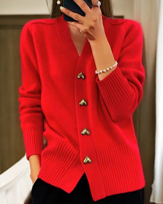 Florence Gold Button Side Split V Neck Longline Cardigan - Red