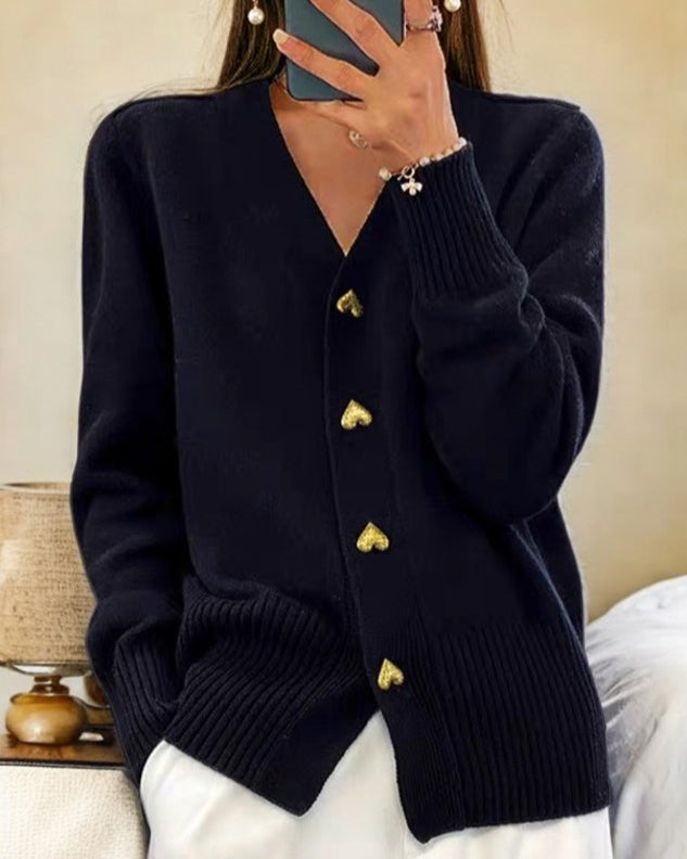 Florence Gold Button Side Split V Neck Longline Cardigan - Black