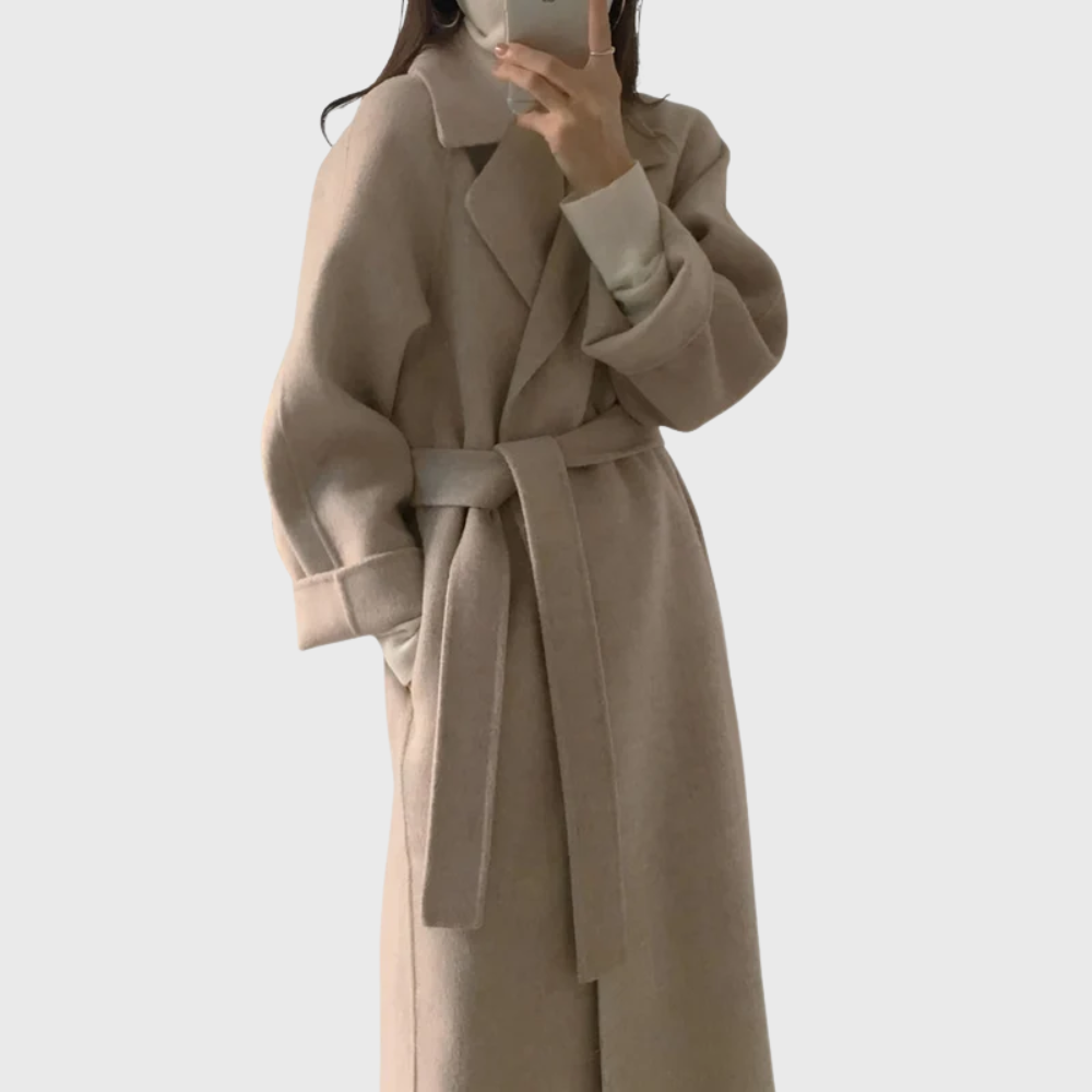Beatrix Shawl Collar Self Tie Belted Long Duster Coat - Light Beige