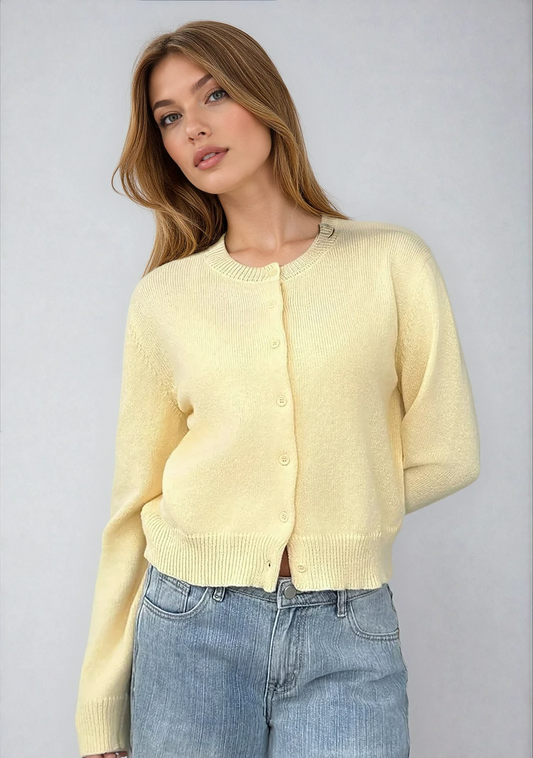 Xenia Cropped Round Neck Button Front Fine Knit Cardigan