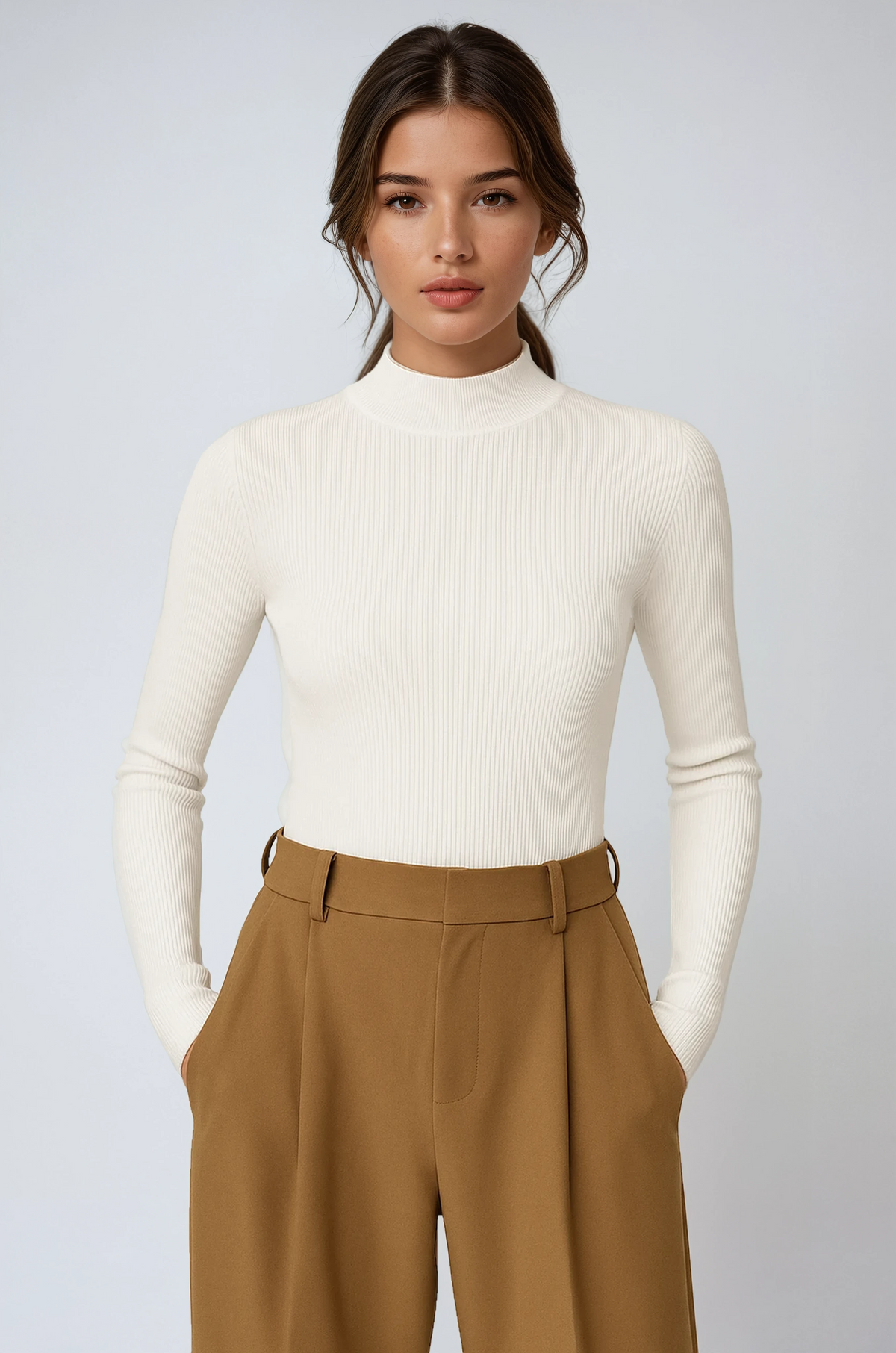 Valeria Fine Rib High Neck Long Sleeve Fitted Knit Top - White