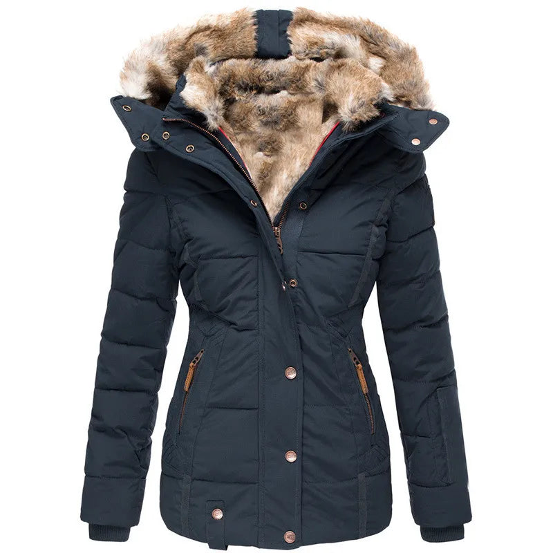 Amara Faux Fur Trim Hood Quilted Winter Parka Jacket - Azure