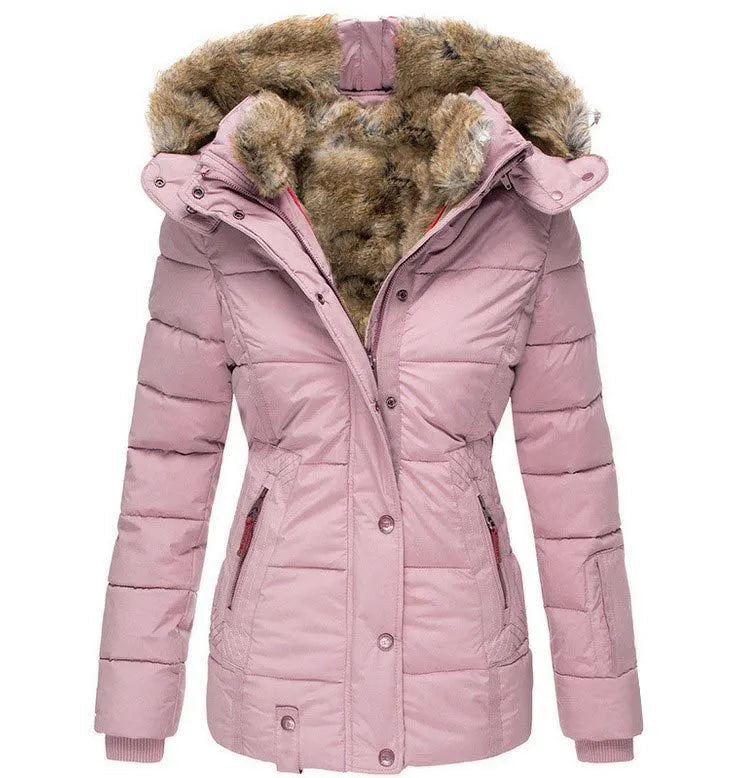 Amara Faux Fur Trim Hood Quilted Winter Parka Jacket - Pink