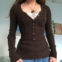Severine Fine Rib Button Placket Scoop Neck Fitted Long Sleeve Top