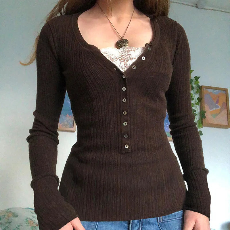Severine Fine Rib Button Placket Scoop Neck Fitted Long Sleeve Top