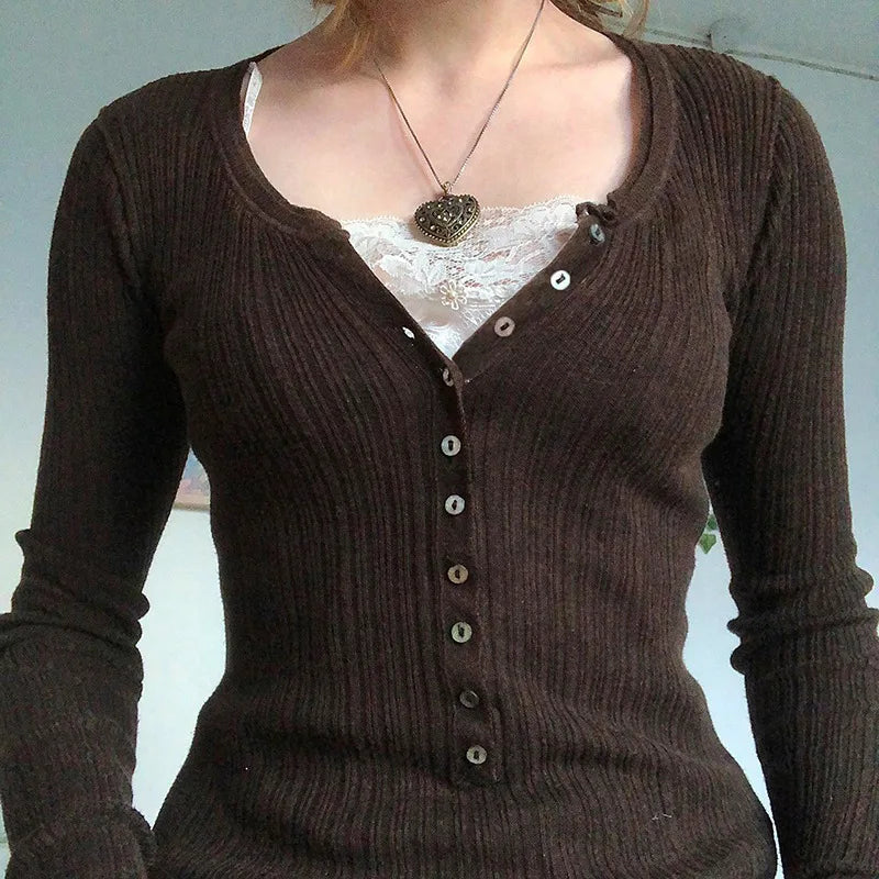 Severine Fine Rib Button Placket Scoop Neck Fitted Long Sleeve Top