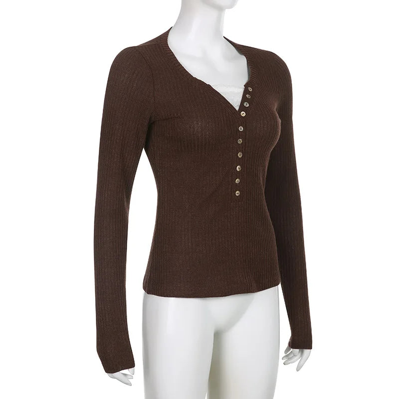 Severine Fine Rib Button Placket Scoop Neck Fitted Long Sleeve Top