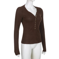 Severine Fine Rib Button Placket Scoop Neck Fitted Long Sleeve Top