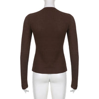 Severine Fine Rib Button Placket Scoop Neck Fitted Long Sleeve Top