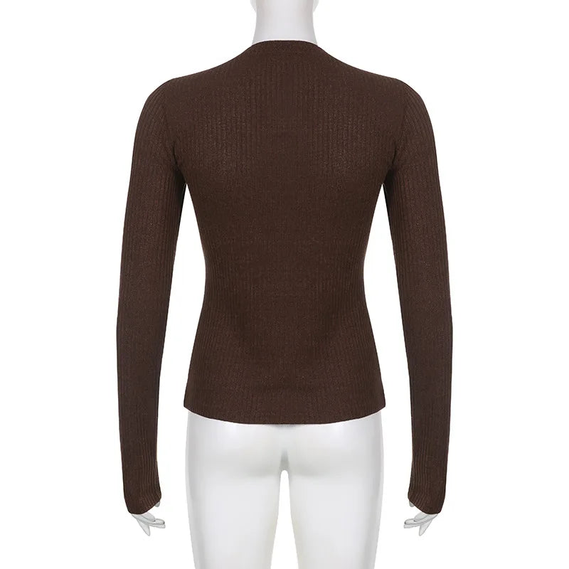 Severine Fine Rib Button Placket Scoop Neck Fitted Long Sleeve Top