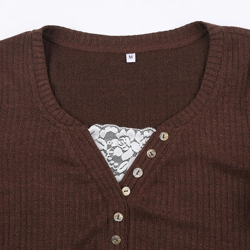 Severine Fine Rib Button Placket Scoop Neck Fitted Long Sleeve Top
