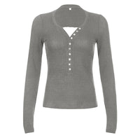 Severine Fine Rib Button Placket Scoop Neck Fitted Long Sleeve Top