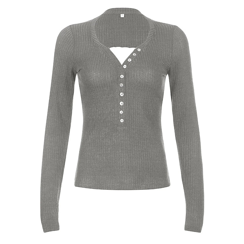 Severine Fine Rib Button Placket Scoop Neck Fitted Long Sleeve Top