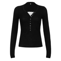 Severine Fine Rib Button Placket Scoop Neck Fitted Long Sleeve Top