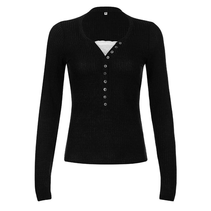Severine Fine Rib Button Placket Scoop Neck Fitted Long Sleeve Top