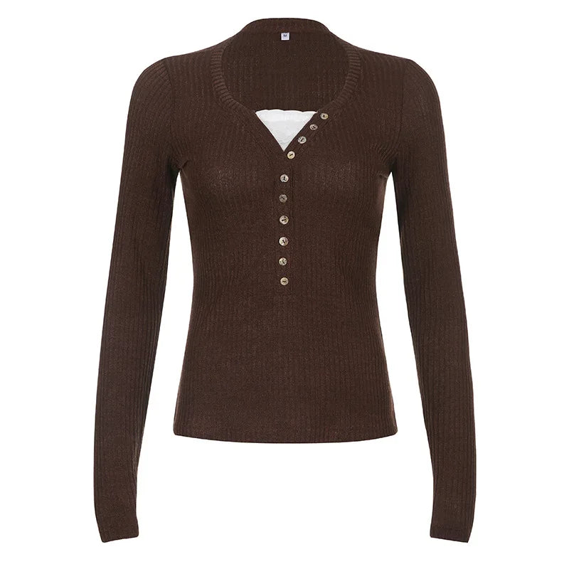 Severine Fine Rib Button Placket Scoop Neck Fitted Long Sleeve Top - Black