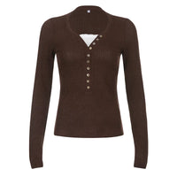 Severine Fine Rib Button Placket Scoop Neck Fitted Long Sleeve Top