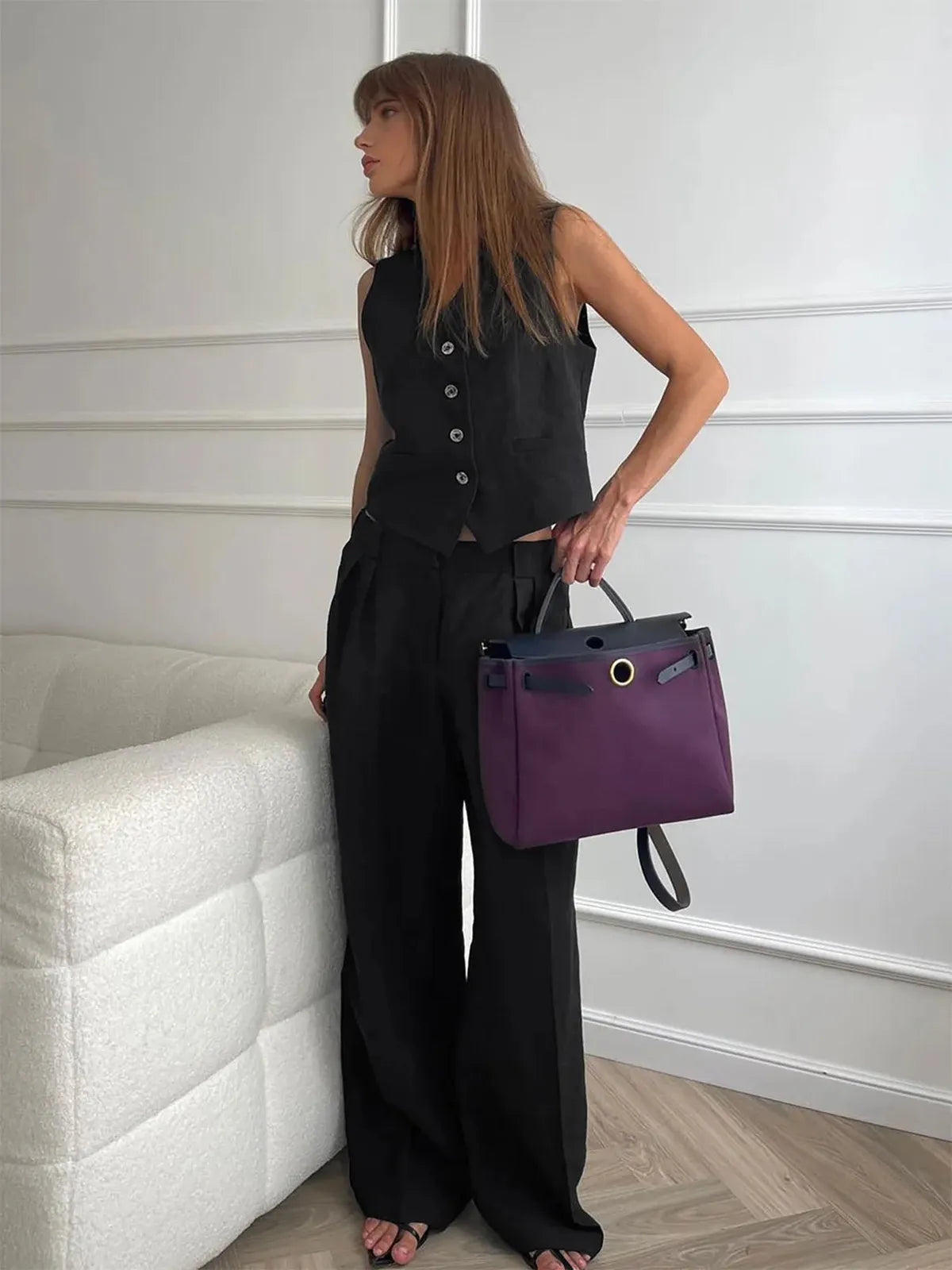 Skye Button Front Waistcoat and Wide Leg Trouser Set - Black