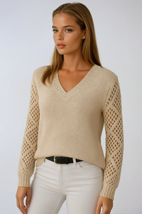 Ilse Pointelle Diamond Sleeve V Neck Fine Knit Jumper