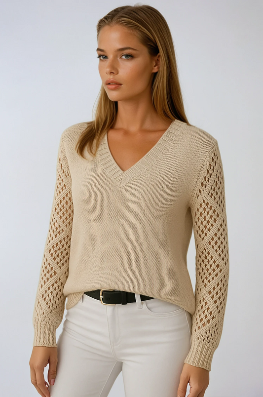 Ilse Pointelle Diamond Sleeve V Neck Fine Knit Jumper - Beige