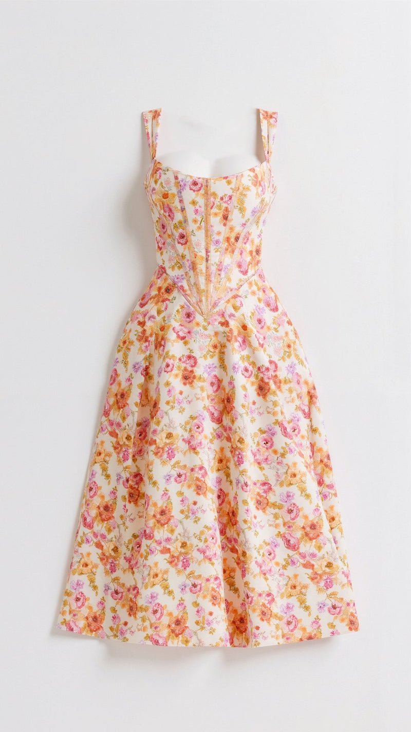 Adele Floral Print Corset Bodice Full Skirt Strappy Midi Dress