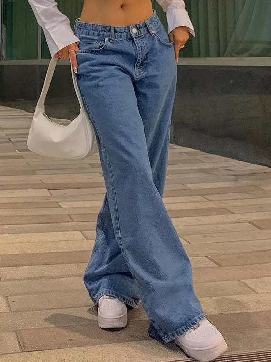 Madeline Mid Wash Relaxed Baggy Straight Leg Denim Jeans - Denim