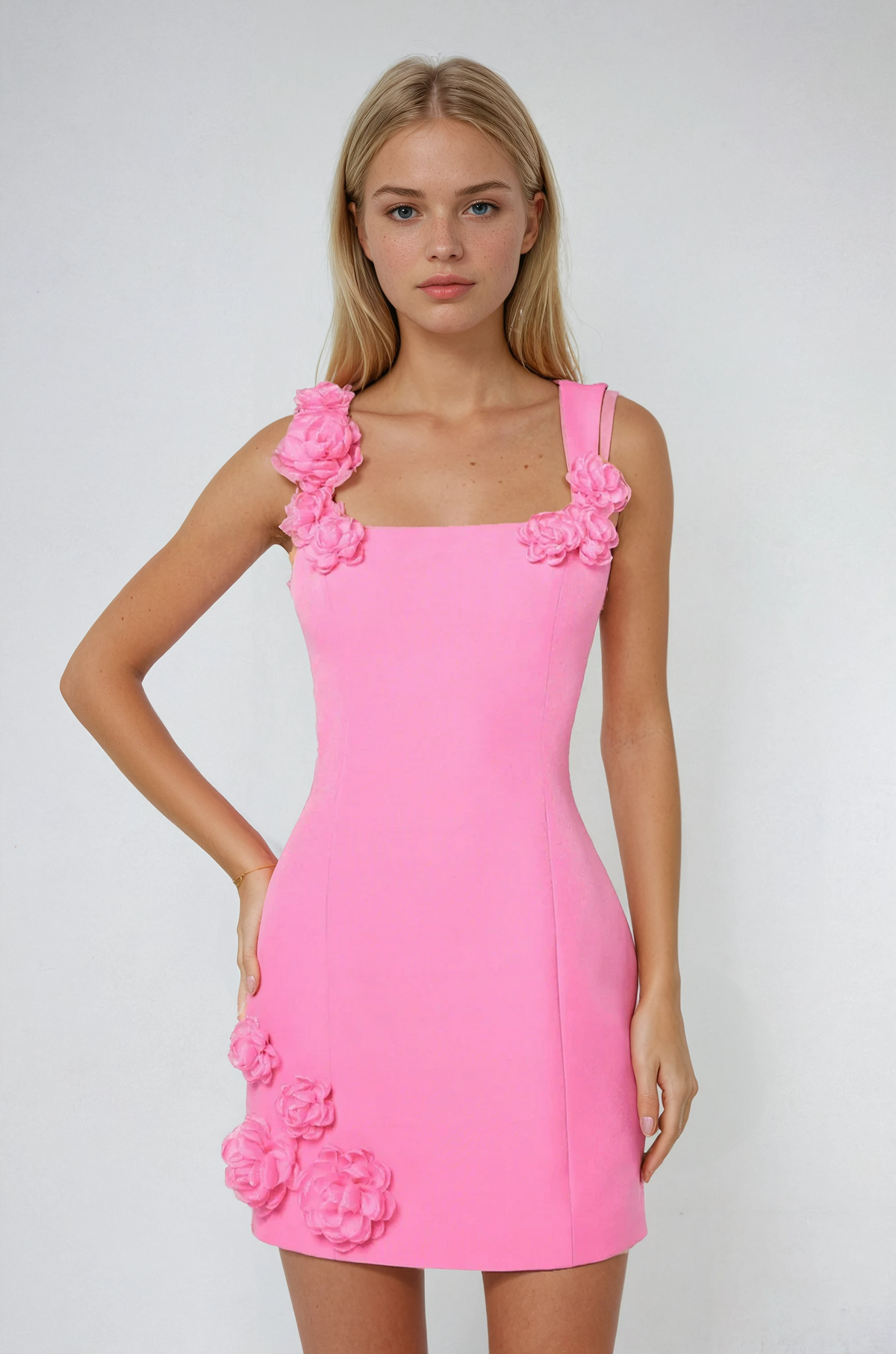 Ghislaine Rosette Trim Square Neck Structured Shift Mini Dress - Pink