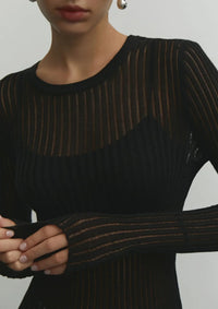 Vianne Wide Rib Split Hem Boat Neck Fitted Knit Long Sleeve Top