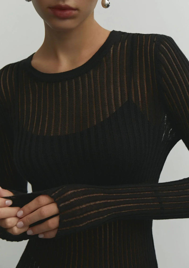 Vianne Wide Rib Split Hem Boat Neck Fitted Knit Long Sleeve Top