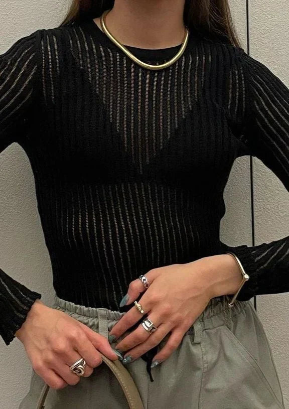 Vianne Wide Rib Split Hem Boat Neck Fitted Knit Long Sleeve Top