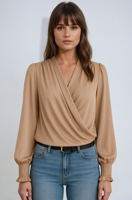 Violaine Draped Wrap Front Blouson Sleeve Shirred Cuff Blouse - Beige