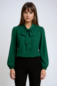 Amandine Stand Collar Pussy Bow Blouson Sleeve Elastic Cuff Blouse