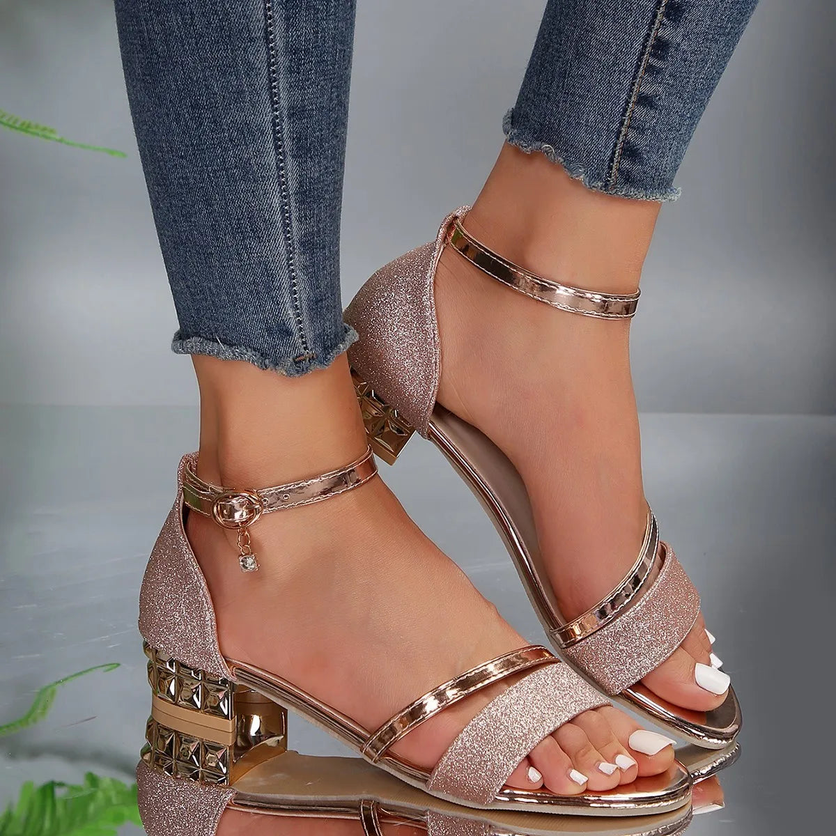 Rosalind Metallic Strap Block Heel Buckled Occasion Sandals