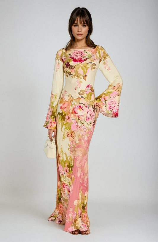 Theodora Rose Print Flared Sleeve Fitted Column Maxi Dress - Floral