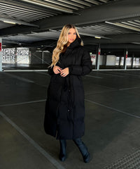 Leonie Funnel Neck Belted Long Line Quilted Puffer Coat