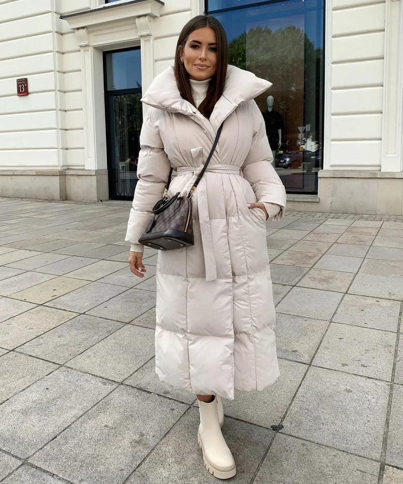 Leonie Funnel Neck Belted Long Line Quilted Puffer Coat