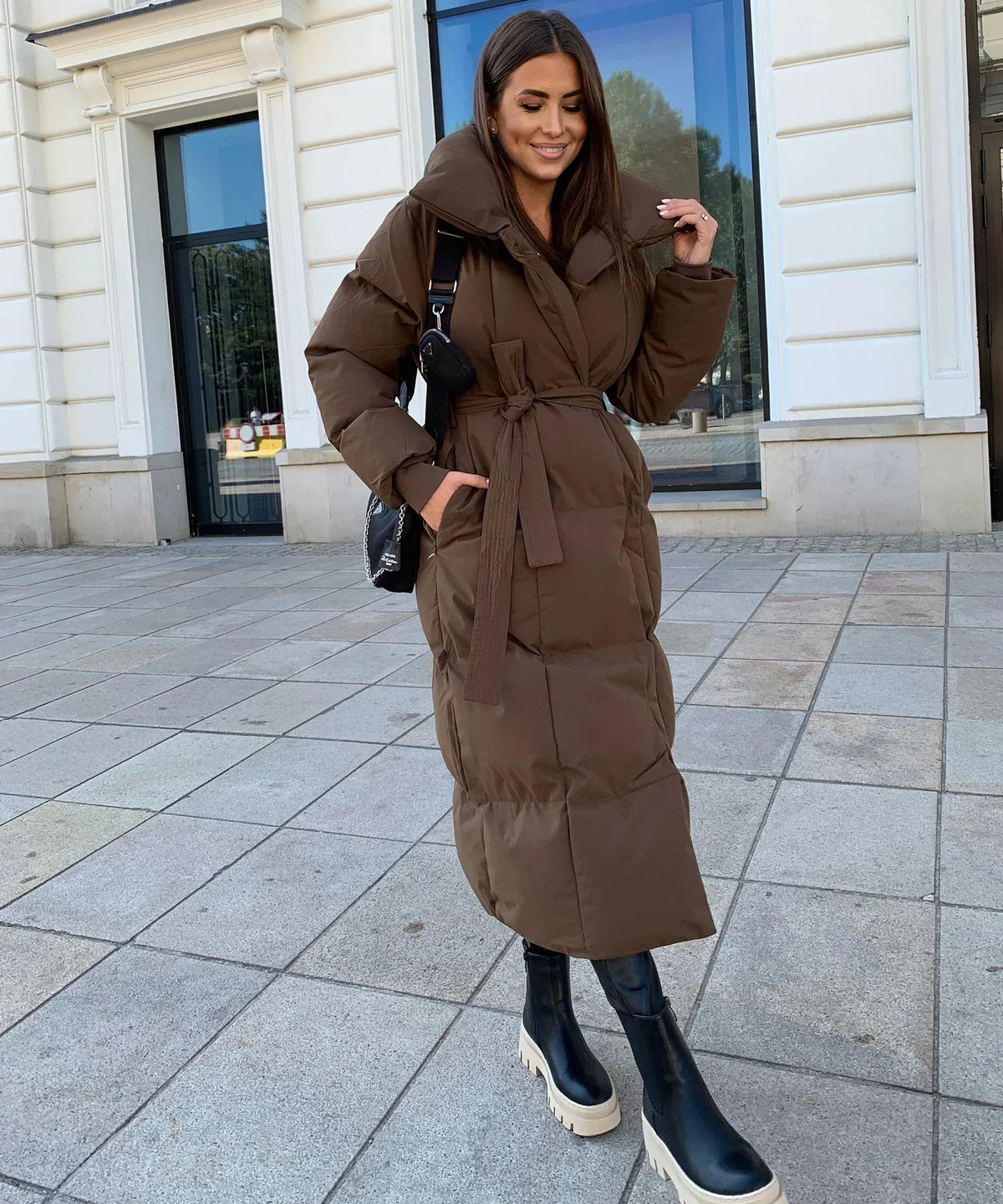 Leonie Funnel Neck Belted Long Line Quilted Puffer Coat - Brown
