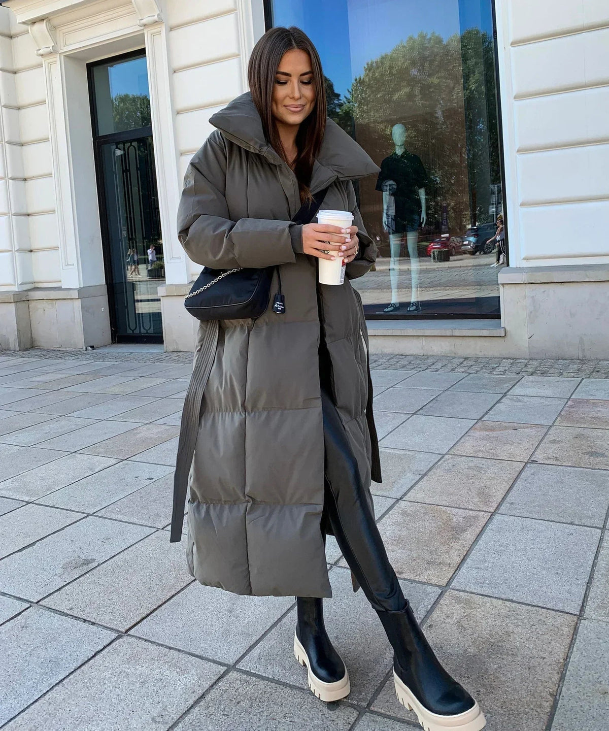 Leonie Funnel Neck Belted Long Line Quilted Puffer Coat - Grey
