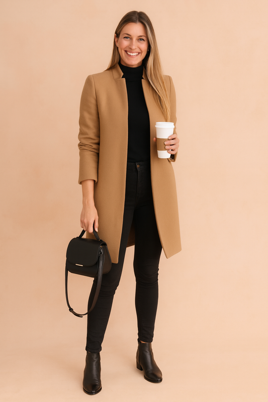 Elowen Slim Longline Single Breasted Notch Lapel Coat - Khaki