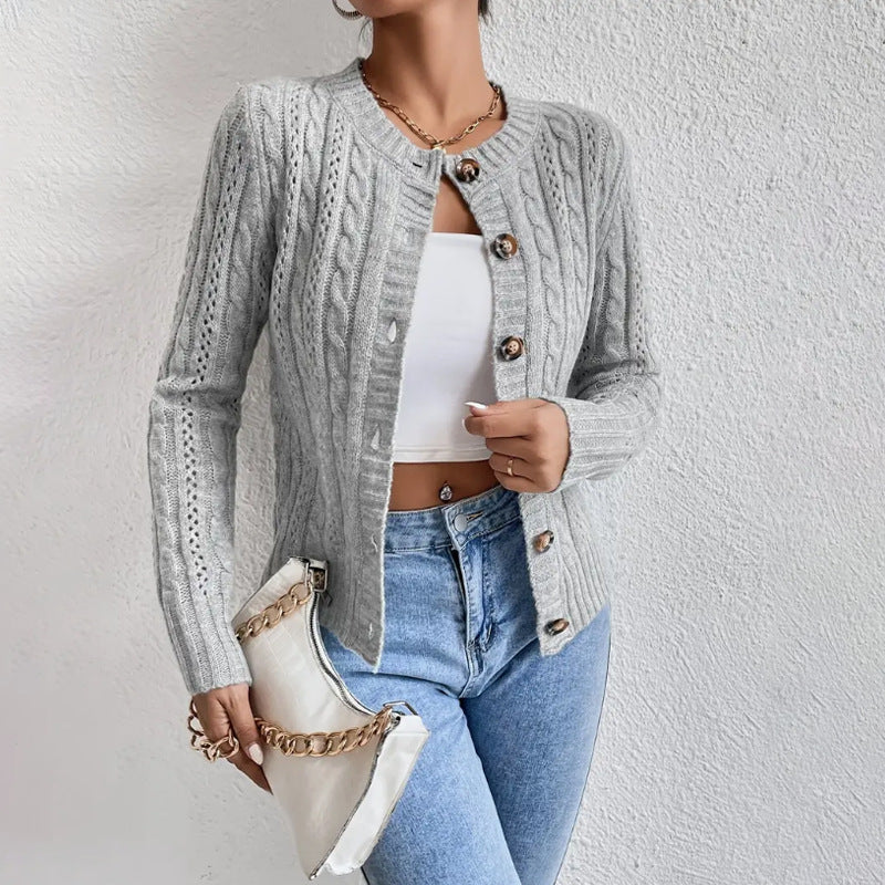 Zelda Fine Cable Cropped Round Neck Button Knit Cardigan - Gray