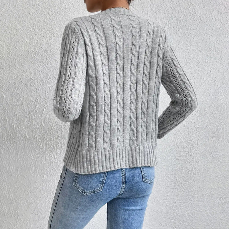 Zelda Fine Cable Cropped Round Neck Button Knit Cardigan