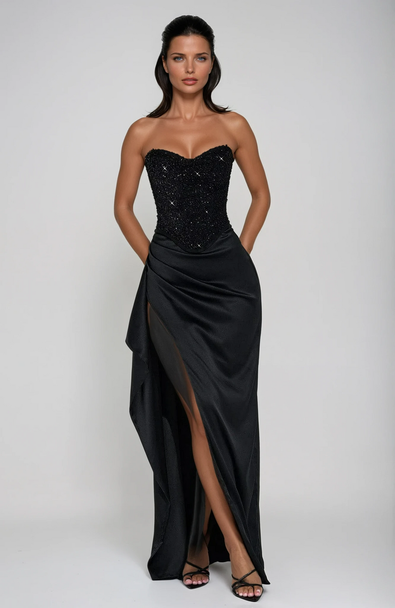 Yvaine Beaded Corset Bodice Draped High Split Maxi Dress