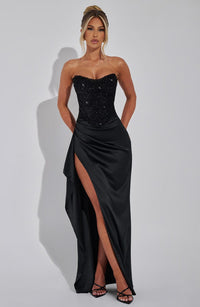 Yvaine Beaded Corset Bodice Draped High Split Maxi Dress