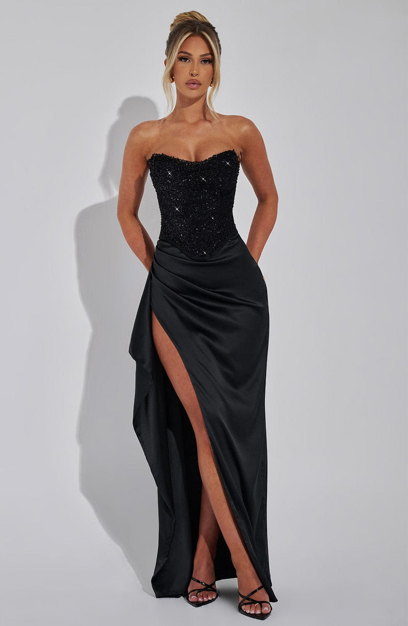 Yvaine Beaded Corset Bodice Draped High Split Maxi Dress